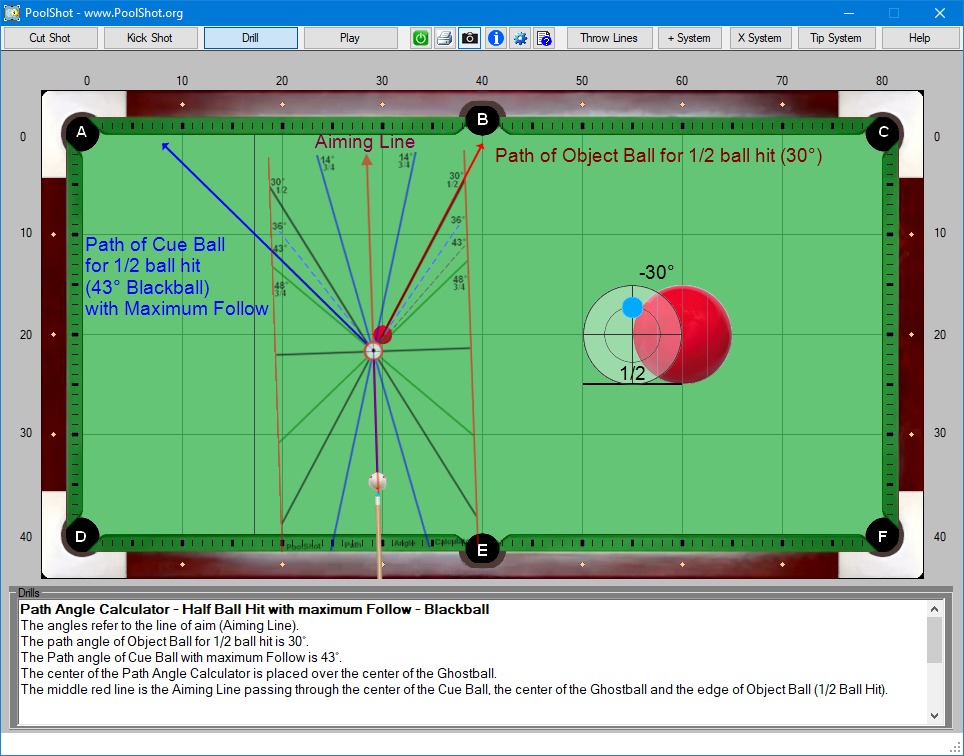 Path Angle Calculator - Half Ball Hit with maximum Follow - Blackball